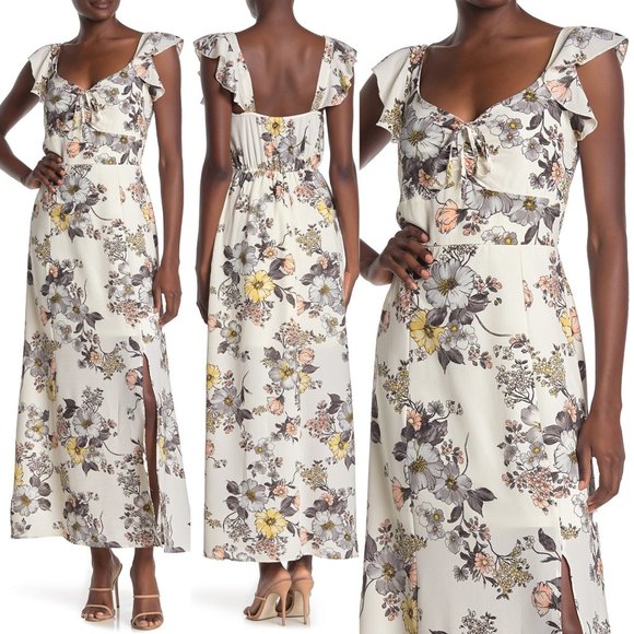 Max & Ash Dresses & Skirts - MAX&ASH Ivory Flutter Sleeve Tie Front Maxi Dress